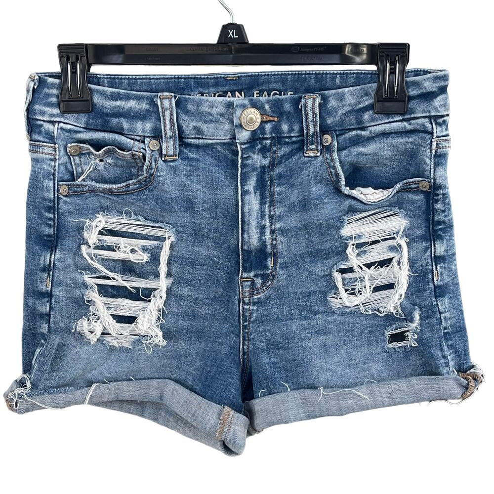 American Eagle SZ 4 Curvy Hi-Rise Shortie Jean Shorts Distressed Cuffed Stretch